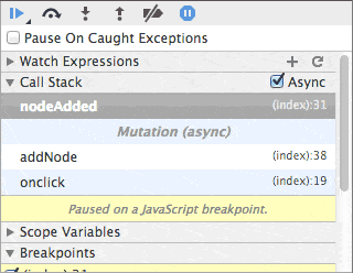 Breakpoint set in mutationObserver example with async call stacks