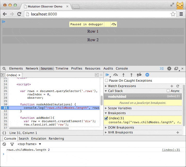 Breakpoint set in mutationObserver example without async call stacks