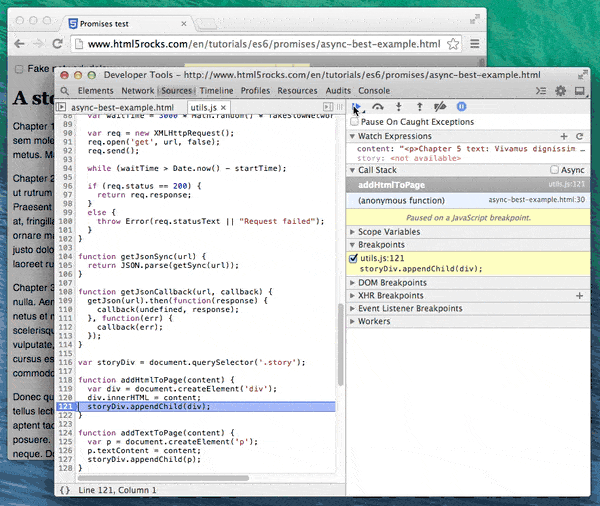 Breakpoint set in promises example with async call stacks