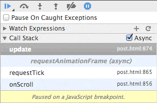 Breakpoint set in requestAnimationFrame example with async call stacks