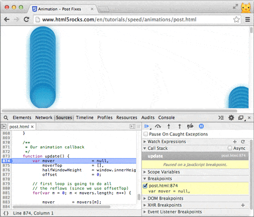 Breakpoint set in requestAnimationFrame example without async call stacks