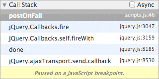 Breakpoint set in mock Gmail example without async call stacks